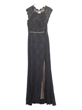 City Triangles Navy Blue Lace Open-Back Maxi Dress with Bedazzled Waist Ornament